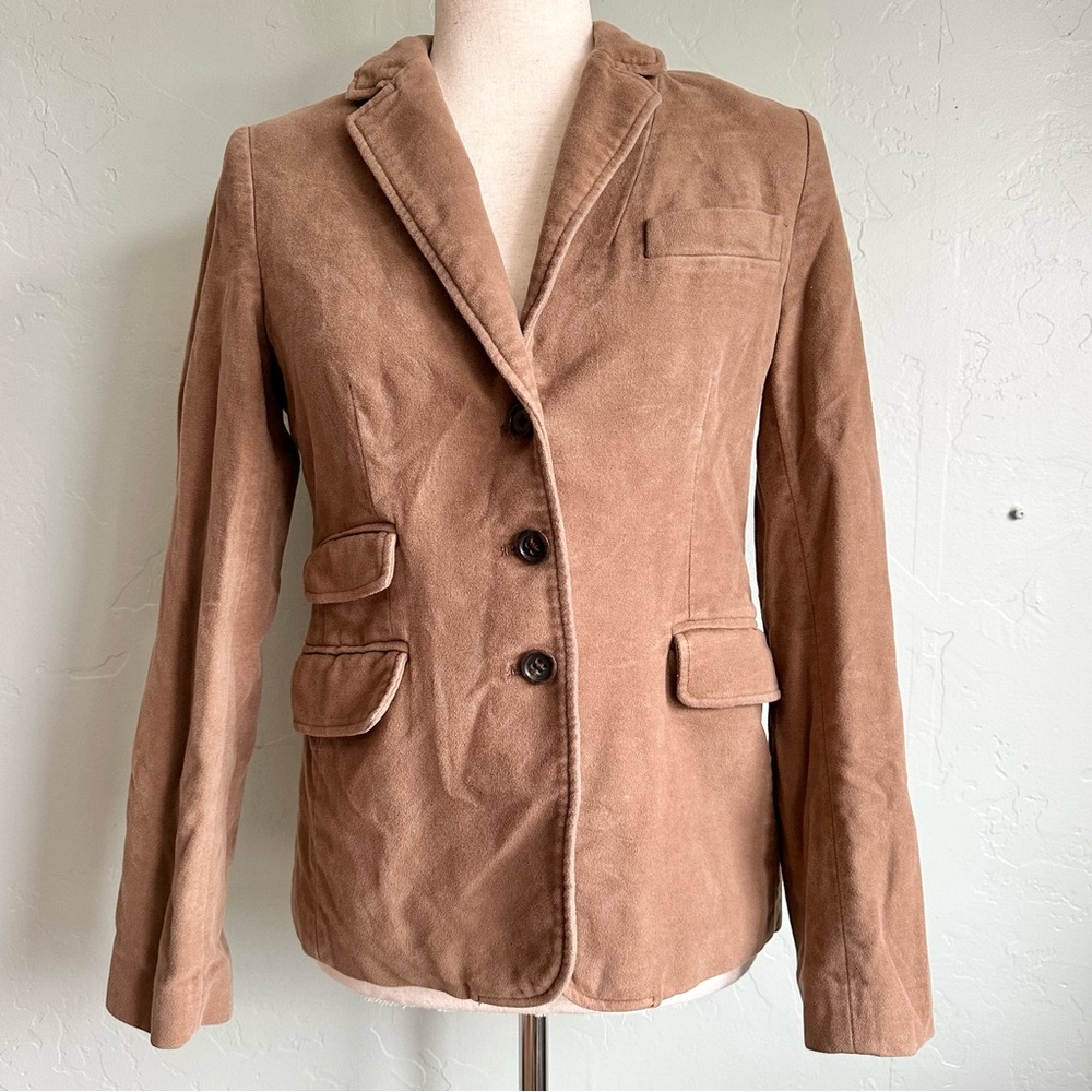 Banana Republic Women Preppy Fall Tan Cotton Velour Elbow Patch Blazer Sz 2 EUC